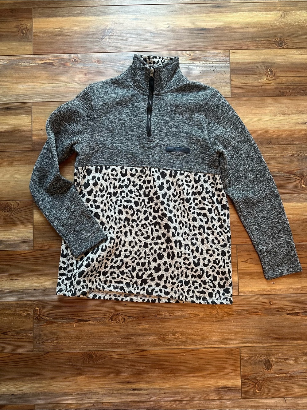Simply Southern Heather Gray Quarter-Zip Pullover with Leopard Print Panel